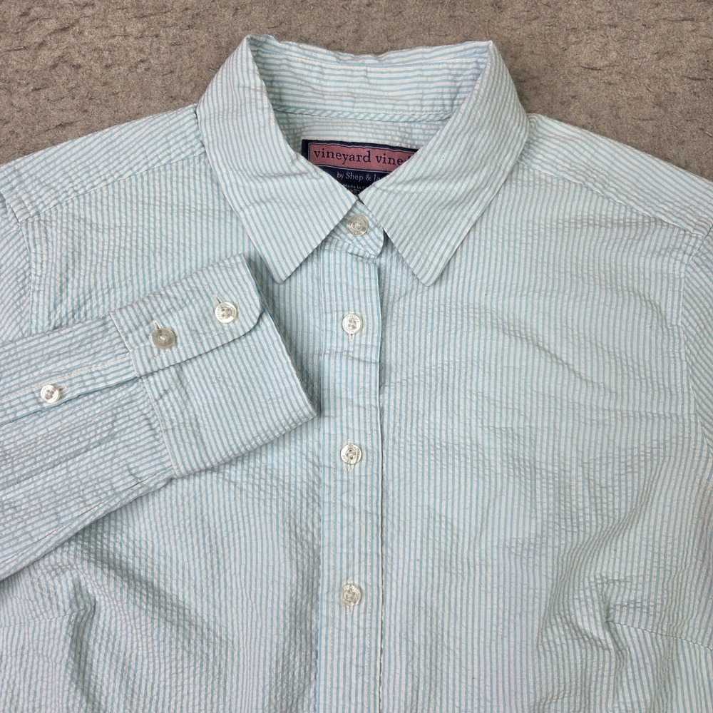 Vineyard Vines Seersucker Shirt Girls Sz 8 Blue Striped Long Sleeve Button Down
